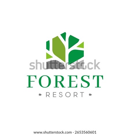 Nature resort logo with tree and house symbol for eco tourism
