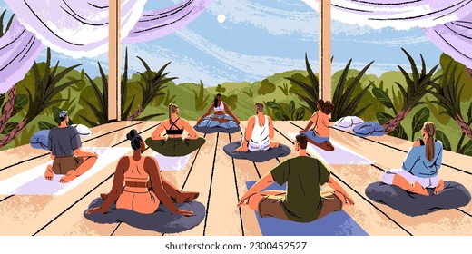 La naturaleza y el bienestar. Gente tranquila practicando yoga, meditación espiritual en clase vipassana. Meditar, respirar juntos en grupo al aire libre. Zen vacaciones, vacaciones. Ilustración vectorial plana