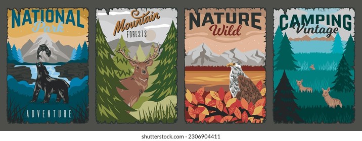 Nature retro posters. Set of covers for national park in grunge style. Wildlife, forest, landscape concept. Colored banners with animals, deer, bear and eagle. Cartoon flat vector collection isolated