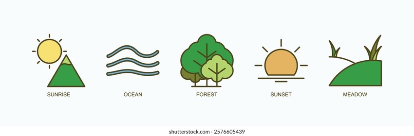 Nature Rhythms Icon Set Isolated Vector With Icon Of Sunrise, Ocean, Forest, Sunset, Meadow In Outline Color Style