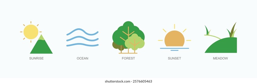 Nature Rhythms Icon Set Isolated Vector With Icon Of Sunrise, Ocean, Forest, Sunset, Meadow In Flat Style