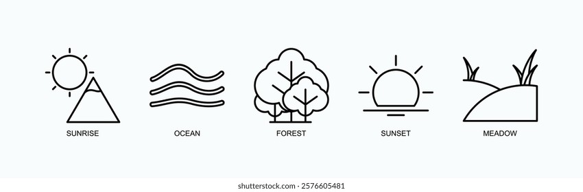 Nature Rhythms Icon Set Isolated Vector With Icon Of Sunrise, Ocean, Forest, Sunset, Meadow In Outline Style