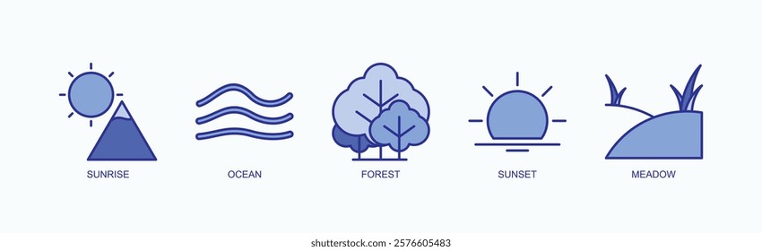 Nature Rhythms Icon Set Isolated Vector With Icon Of Sunrise, Ocean, Forest, Sunset, Meadow In Blue Style