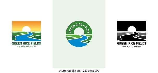 Logotipo de riego de ricefield para la naturaleza, diseño del logotipo del vector de río de ricefield verde para aguas agrícolas