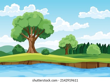 Nature with river flowing through lawn. Beautiful scene with river bank shore, blue water, green grass tree and clouds on sky. Tranquil landscape