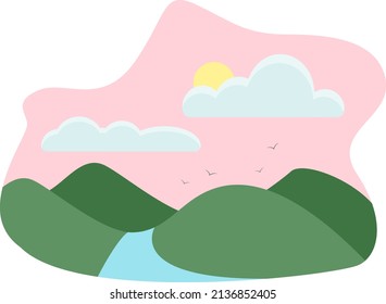Nature with river, illustration, vector on a white background.