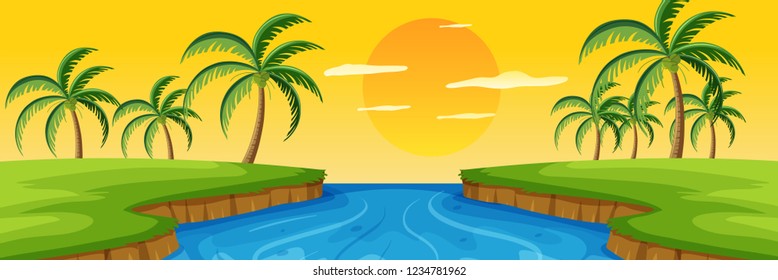 Nature river landscape at sunset illustration