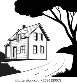 Nature Roadside Cottage Vector. A black and white countryside house featuring a winding road, a tall tree, and natural surroundings. Perfect for rural living, real estate, or homesteading