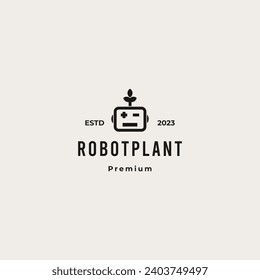 nature robot logo design, robot head combine with leaf logo design retro hipster vintage