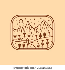 Nature rocky mountain hill wildlife in mono line art, for t-shirt, sticker, badge, etc