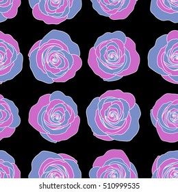 Nature rose flowers. Abstract seamless pattern in violet colors. Vector background illustration.