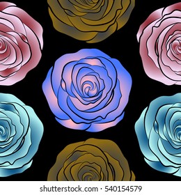 Nature rose flowers. Abstract seamless pattern in red, blue and neutral colors. Vector background illustration.