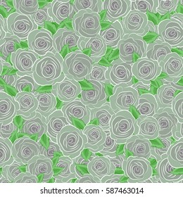 Nature rose flowers. Abstract seamless pattern in green and gray colors. Vector background illustration.