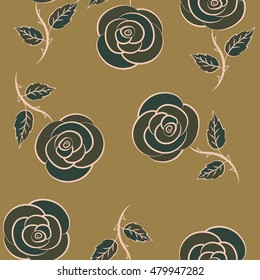 Nature rose flowers. Vector background illustration. Abstract seamless pattern in beige, brown and green colors.