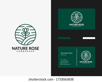 nature rose line art logo design and business card template