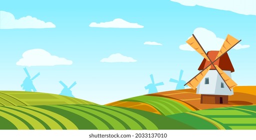 Nature rural landscape with old dutch windmill on green field. Production flour from grain for baking fresh bread in bakery. Vector flat cartoon colorful background fo package.