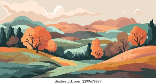 Nature s Brushstrokes  Scenic Vector Art of Rolling Hills  Trees  and Cloudy Sky