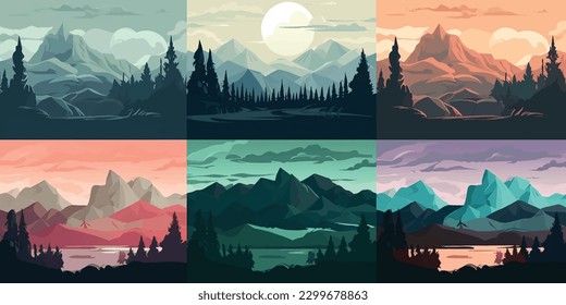 Ilustración de vectores de la naturaleza en paisajes de montaña majestuosos en diferentes épocas del día y del año