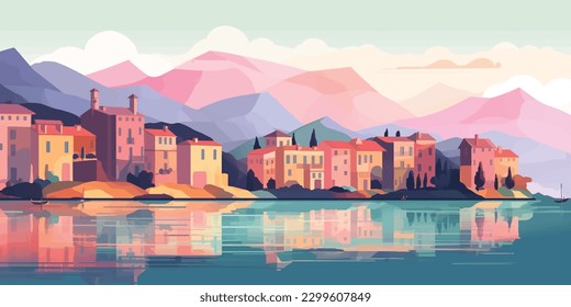 Nature s Splendor  Scenic Vector Illustration of Charming European Coastal Town with Majestic Mountains  Calm Waters and Clear Blue Sky for Travel Ads