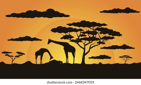 Natur Safari. Giraffen-Silhouetten auf dem Hintergrund der afrikanischen Sonne. Safari-Vektorgrafik. EPS 10.