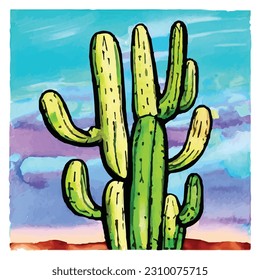 Nature Saguaro Cactus Plant  Watercolor Vector Illustration