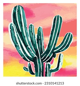 Nature Saguaro Cactus Plant  Watercolor Vector Illustration