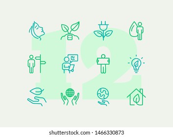 Nature saving line icon set. Set of line icons on white background. Ecology concept. Leaf, person, battery, energy. Vector illustration can be used for topics like environment, ecology