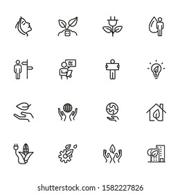 Nature saving line icon set. Set of line icons on white background. Ecology concept. Leaf, person, battery, energy. Vector illustration can be used for topics like environment, ecology