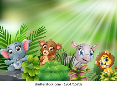 Nature scene with baby animals cartoon