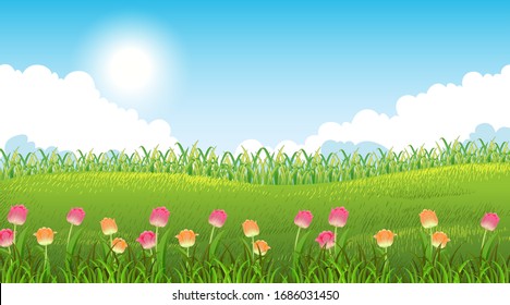 Nature scene background with beautiful flowers in the garden illustration