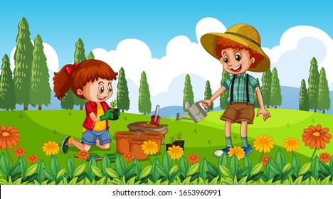 Nature scene background with boy and girl planting tree in garden illustration