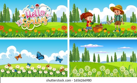 Nature scene background with boy and girl doing gardening illustration