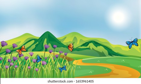 Nature scene background with butterflies in the field illustration