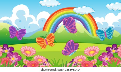Nature scene background with butterflies and rainbow in the garden illustration