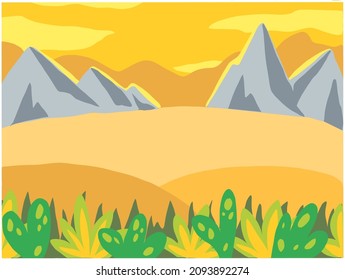 Fondo de la escena natural. Dibujo temático infantil. Montañas, cielo, nubes. Para los niños. Paisaje vectorial de dibujos animados