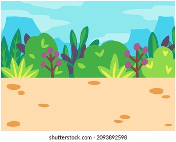 Nature scene background. Children's theme cartoon. Trees, sky, clouds, jungles. For kids. Cartoon vector landscape
