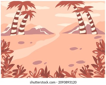 Nature scene background. Children's theme cartoon. Trees, sky, clouds, jungles, palms, mountains. For kids. Cartoon vector landscape. Limited color palette