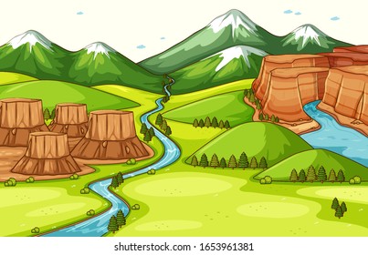 Nature scene background with different parts of landforms illustration