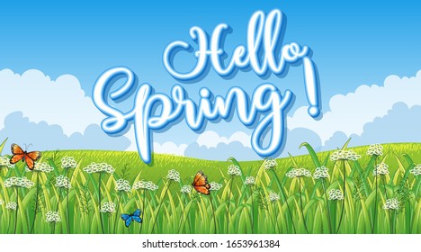 Nature scene background with hello spring sign in garden illustration