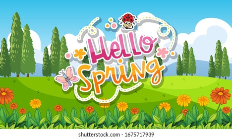 Fondo de la escena natural con signo de resorte de adiós en la ilustración del jardín