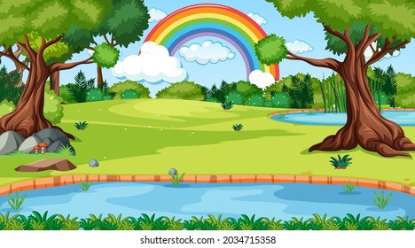 Nature scene background with rainbow in the sky illustration