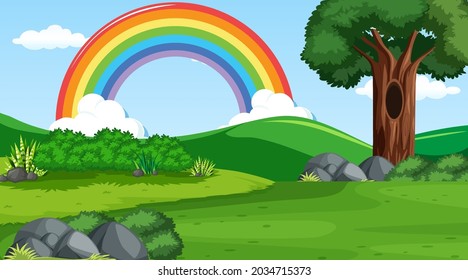 Fondo de la escena natural con arcoiris en la ilustración del cielo