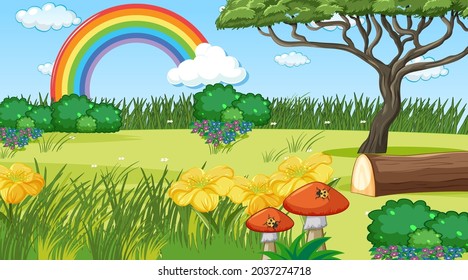 Nature scene background with rainbow in the sky illustration