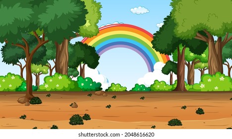 Nature scene background with rainbow in the sky illustration