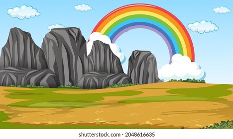 Nature scene background with rainbow in the sky illustration