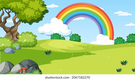 Nature scene background with rainbow in the sky illustration