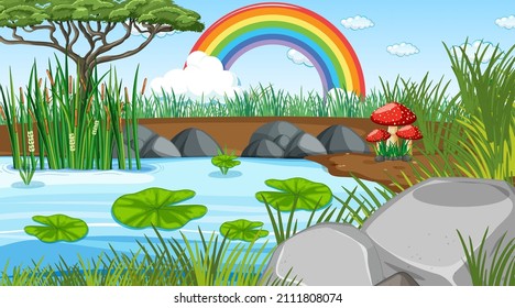 Nature scene background with rainbow in the sky illustration