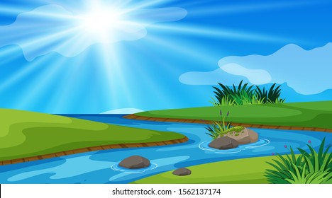 Nature scene background with river and green field illustration