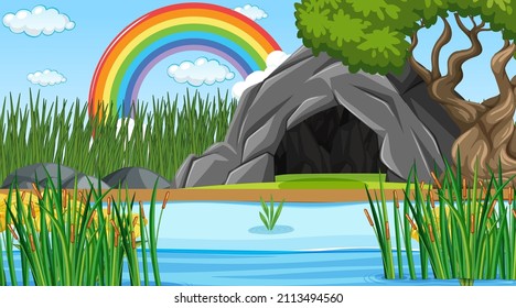 Nature scene background with stone cave illustration
