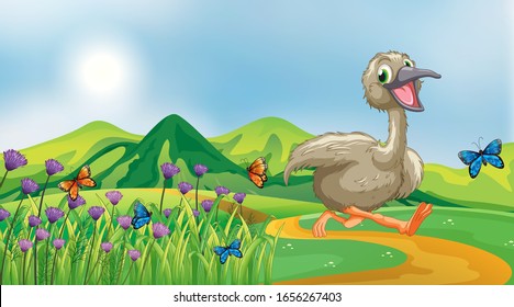 Nature scene background with ugly duckling running in the park illustration